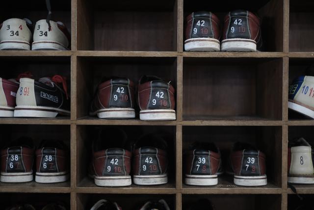 A collection of sneakers arranged neatly on shelves, with each shelf housing a pair