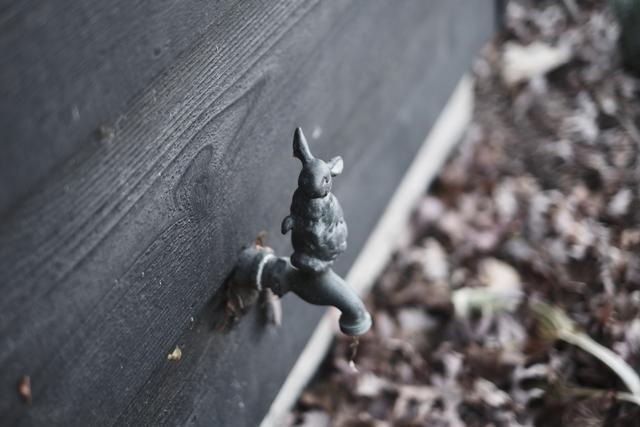 A metal outdoor faucet with a decorative rabbit handle is mounted on a dark wooden wall, with dry leaves scattered on the ground below