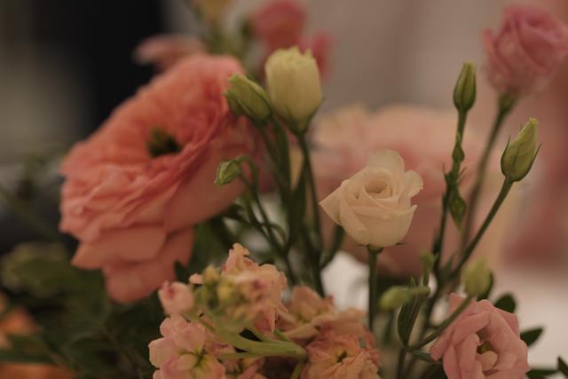 A close-up of a bouquet featuring various pink and white flowers with soft, blurred background
