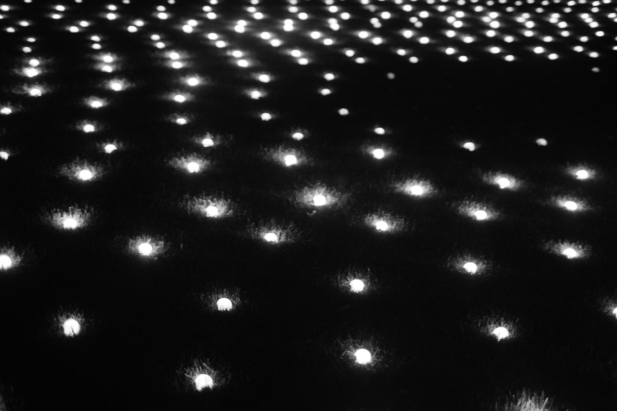Numerous small lights arranged in a grid pattern on a dark surface, creating a glowing, starry effect