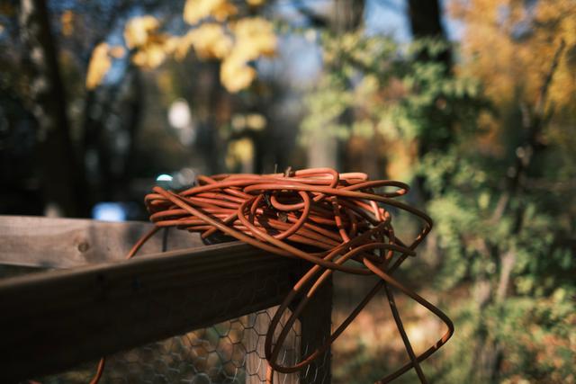 A coiled orange extension cord resting on a wooden railing with a blurred background of trees and foliage