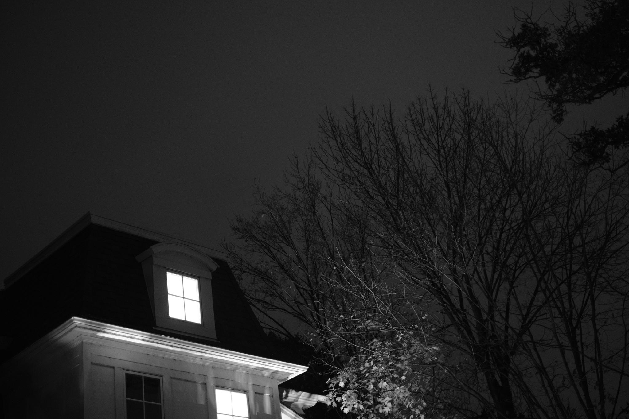 A dark, nighttime scene featuring the upper part of a house with illuminated windows and bare trees in the background