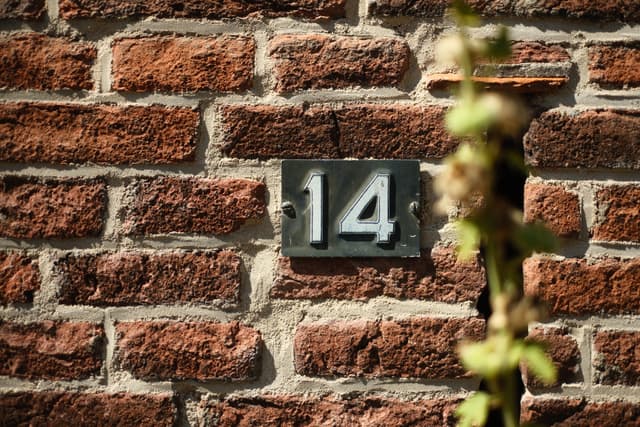 A brick wall with the number 14 on a plaque, partially obscured by a blurred plant in the foreground
