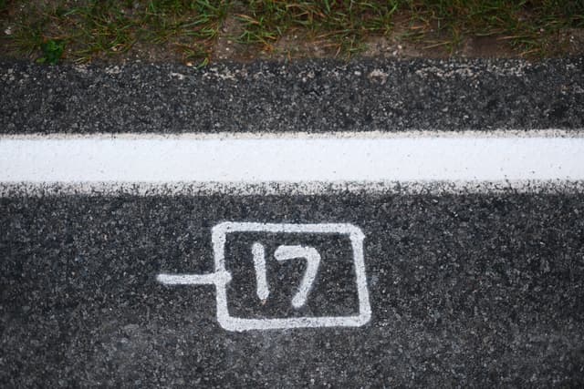 White stencil of a plug-like icon with the number 17 on a dark asphalt road beside a solid white line