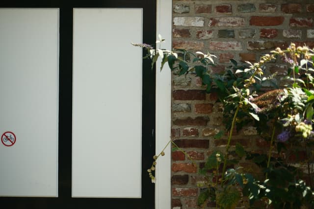 A brick wall with a sliding door on the left and a plant with green leaves and purple flowers climbing on the right
