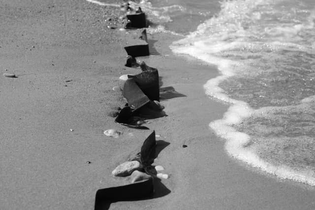 A sequence of footprints in the sand, leading towards the water's edge on a beach