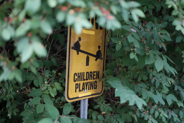 A Children Playing sign partially obscured by dense green foliage