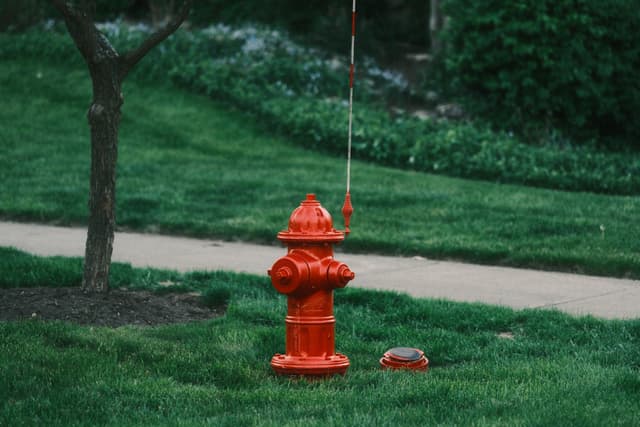 A red fire hydrant on a grassy area near a sidewalk, with a tree nearby