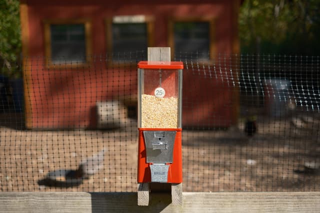 A red bird feeder filled with seeds is mounted on a wooden post, with a blurred background of a red building and a fenced area