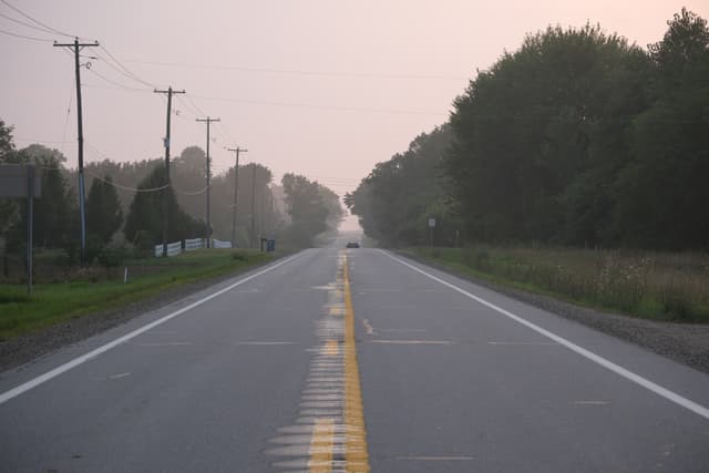 Empty two-lane highway stretching into the distance at dawn, lined with trees and utility poles under a hazy sky