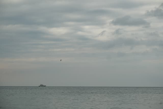 Calm sea under an overcast sky with a distant ship on the horizon