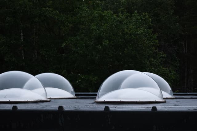 Row of translucent dome skylights on a flat rooftop against a dark treeline backdrop