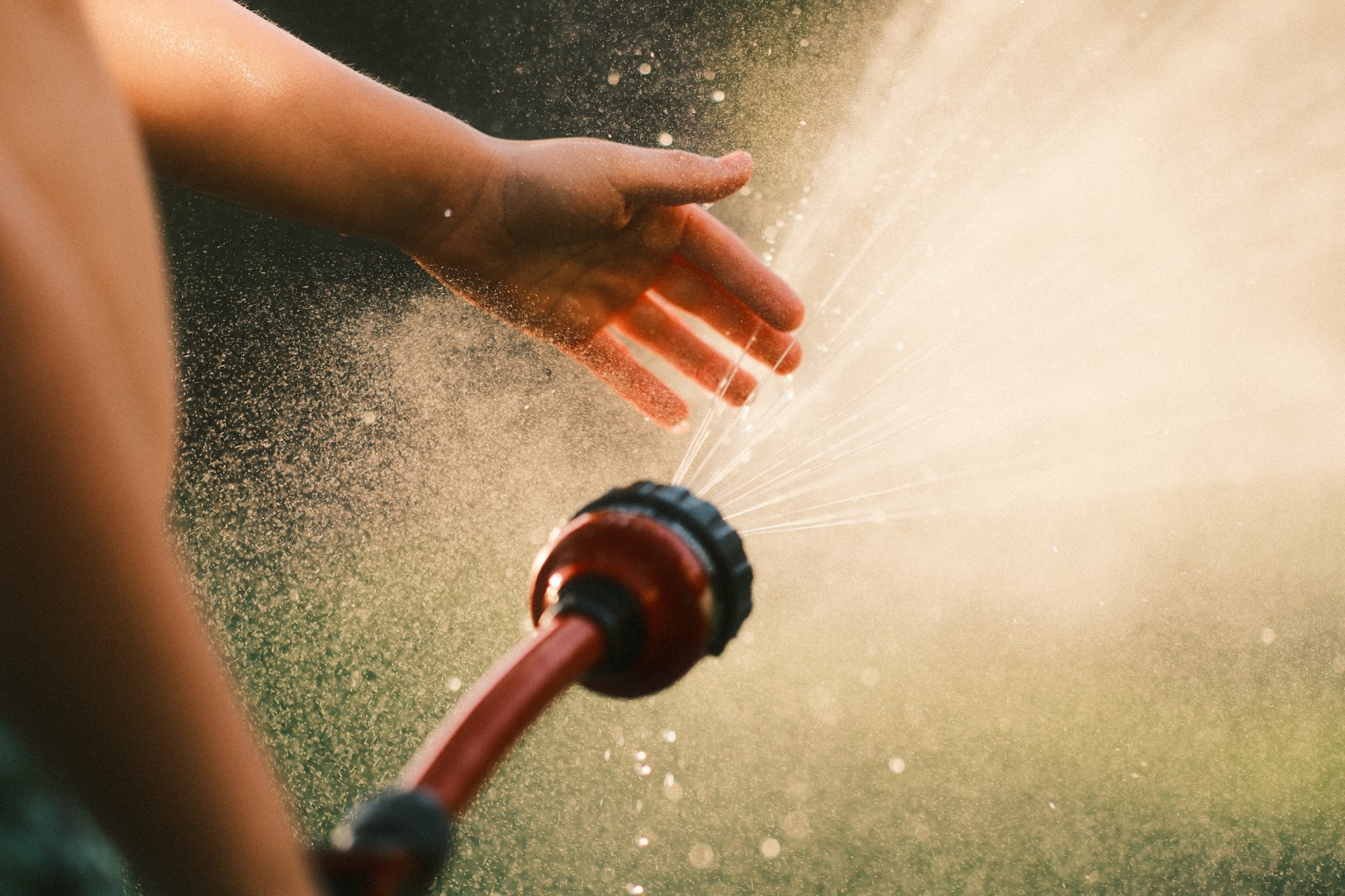 A hand reaching towards water spraying from a garden hose nozzle, with sunlight creating a warm glow