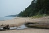 Narrow stream winding across a sandy beach toward the sea, bordered by forested cliffs under an overcast sky