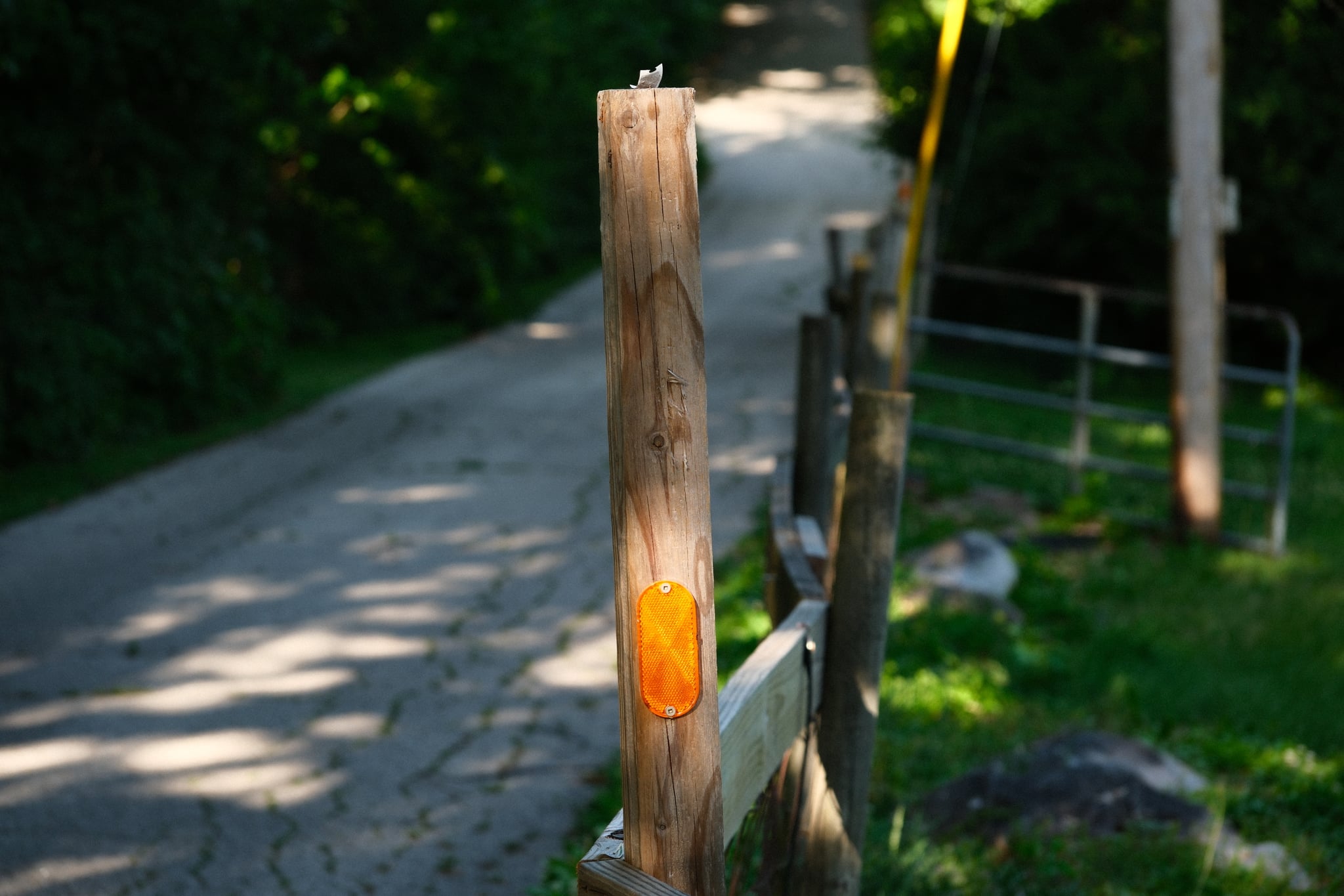 A wooden post with an orange marker stands beside a narrow, winding road surrounded by greenery and trees