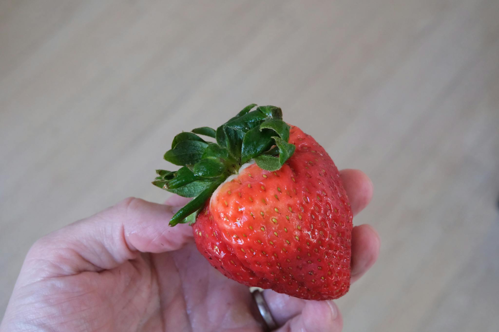 A hand holding a large strawberry against a blurry background