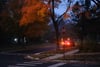 A quiet suburban street at dusk with autumn foliage, a stop sign, and a car with its taillights illuminated